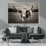 69238-MGV-CV-36X24-Longhorn Bull Wall Art – Rustic Black and White Texas Cattle Canvas Print, Western Farmhouse Animal Photography for Living Room,