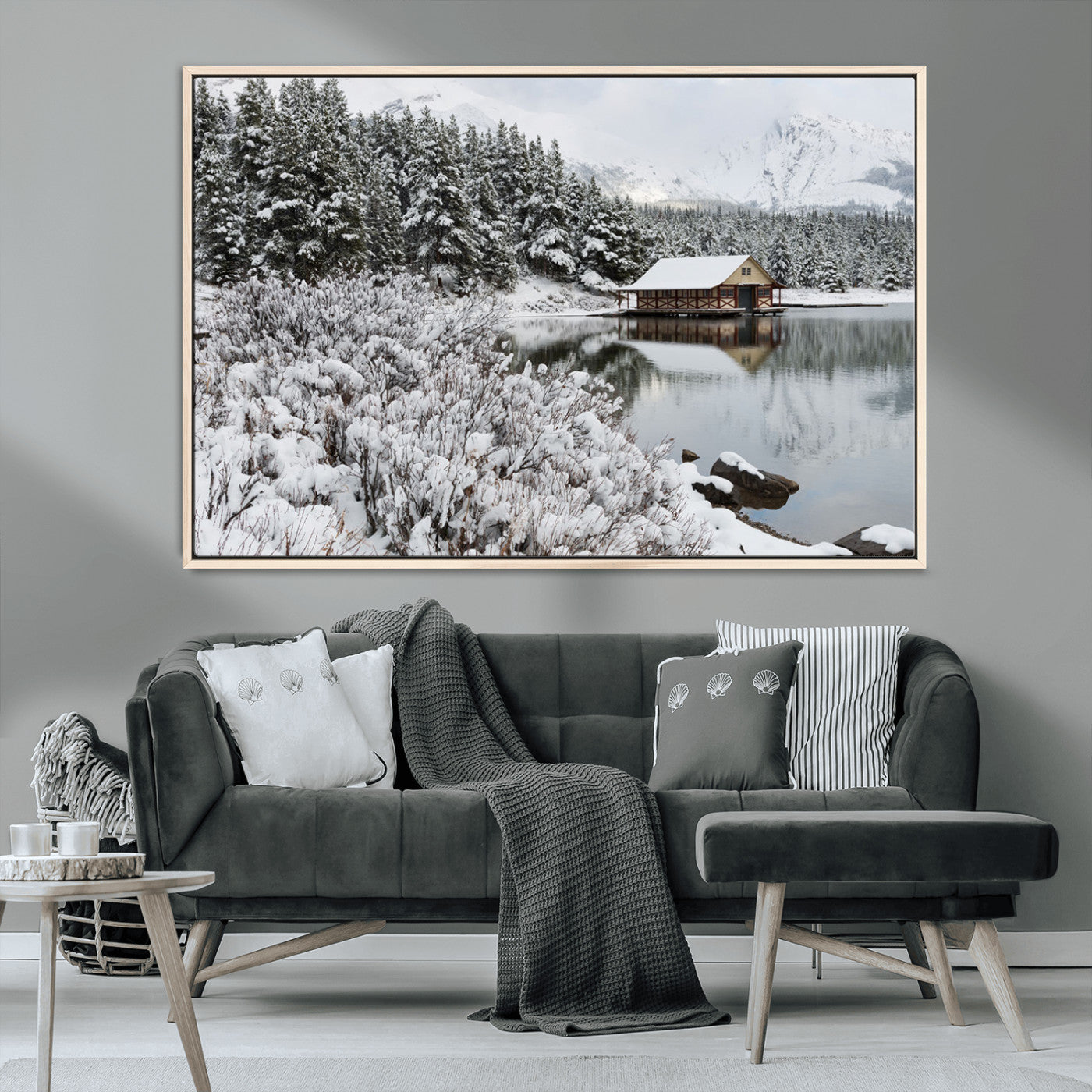 29975-MGV-CV-36X24-Winter Cabin by the Lake Wall Art – Snowy Mountain Landscape Canvas Print, Rustic Lodge Cabin Decor for Cozy Living Room, Bedroom