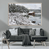 29975-MGV-CV-36X24-Winter Cabin by the Lake Wall Art – Snowy Mountain Landscape Canvas Print, Rustic Lodge Cabin Decor for Cozy Living Room, Bedroom