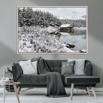 29975-MGV-CV-36X24-Winter Cabin by the Lake Wall Art – Snowy Mountain Landscape Canvas Print, Rustic Lodge Cabin Decor for Cozy Living Room, Bedroom