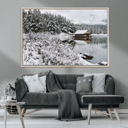 29975-MGV-CV-36X24-Winter Cabin by the Lake Wall Art – Snowy Mountain Landscape Canvas Print, Rustic Lodge Cabin Decor for Cozy Living Room, Bedroom