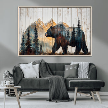 90077-MGV-CV-36X24-Wood Grizzly Bear Wall Art Canvas Print, Framed Abstract Bear Art Picture Print, Bear in Forest Perfect Rustic Lodge Decor Artwork