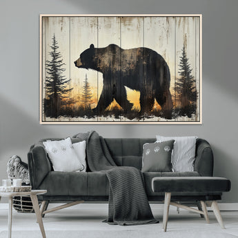 83875-MGV-CV-36X24-Sunset Bear Wall Art – Rustic Wildlife Canvas Print with Forest Silhouette, Cabin Lodge Decor for Living Room or Office