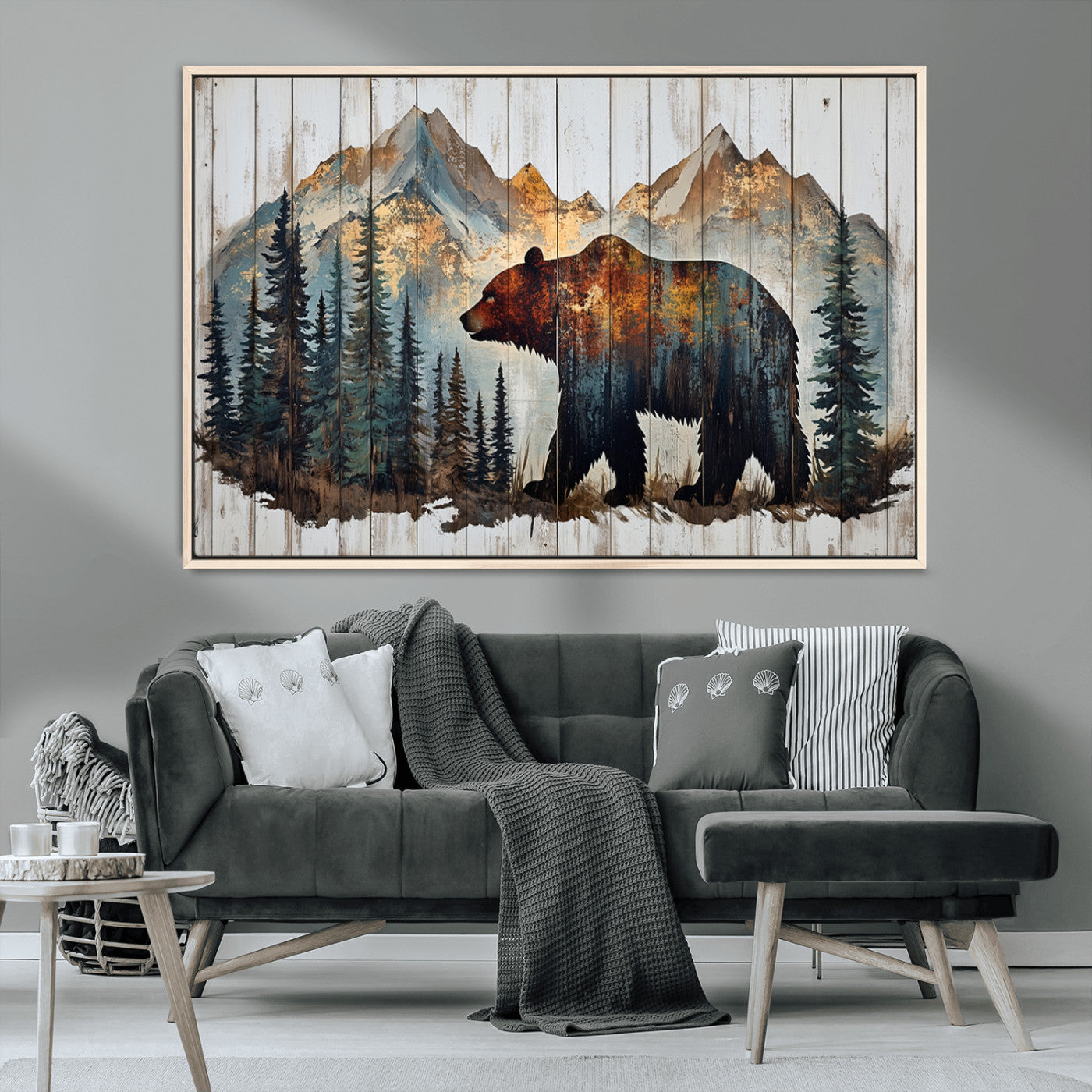 55777-MGV-CV-36X24-Rustic Bear Wall Art Canvas Print, Framed Mountain and Forest Art Picture Print, Wooden Bear Perfect Rustic Lodge Decor Artwork