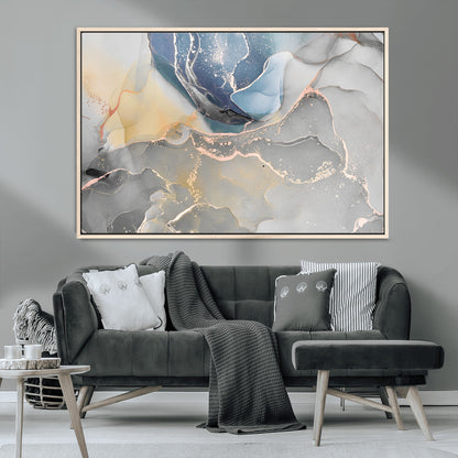 18176-MGV-CV-36X24-Abstract Fluid Wall Art – Modern Marble Ink Canvas Print with Blue, Gold, and Gray Tones, Contemporary Minimal Artwork Decor for