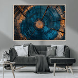 13398-MGV-CV-36X24-Tree Ring Wall Art – Abstract Wood Grain Canvas Print with Blue and Orange Accents, Rustic Nature Inspired Artwork for Living