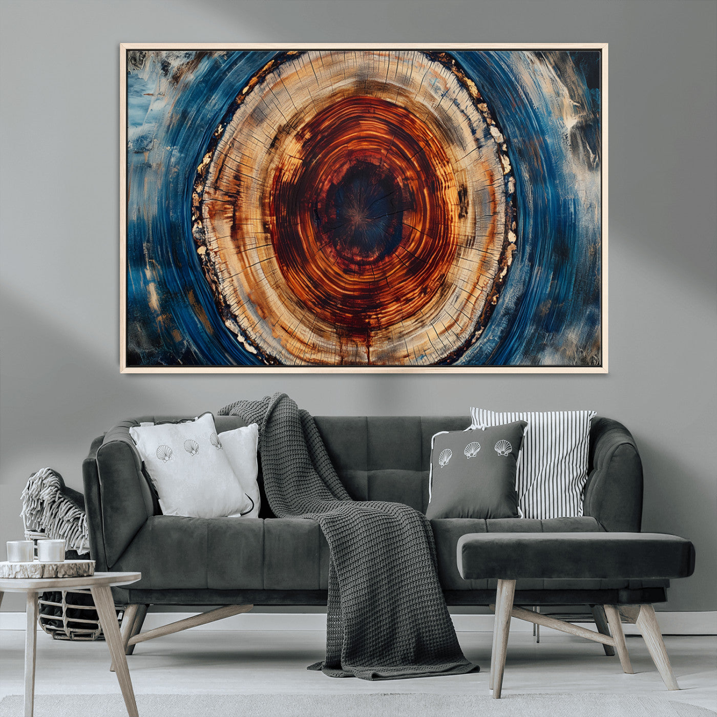 90395-MGV-CV-36X24-Tree Ring Wall Art – Abstract Wood Grain Canvas Print with Fiery Red and Blue Tones, Bold Rustic Nature Inspired Artwork Decor for