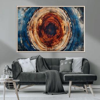 90395-MGV-CV-36X24-Tree Ring Wall Art – Abstract Wood Grain Canvas Print with Fiery Red and Blue Tones, Bold Rustic Nature Inspired Artwork Decor for