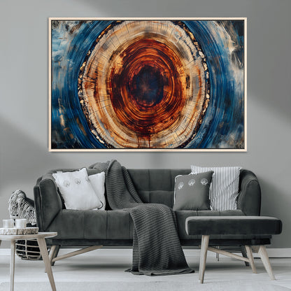 90395-MGV-CV-36X24-Tree Ring Wall Art – Abstract Wood Grain Canvas Print with Fiery Red and Blue Tones, Bold Rustic Nature Inspired Artwork Decor for