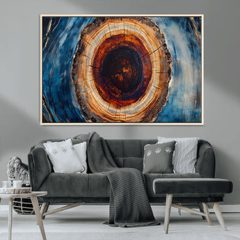 30457-MGV-CV-36X24-Tree Ring Wall Art – Abstract Wood Grain Canvas Print with Brown and Blue Swirl, Rustic Nature Inspired Artwork for Living Room,