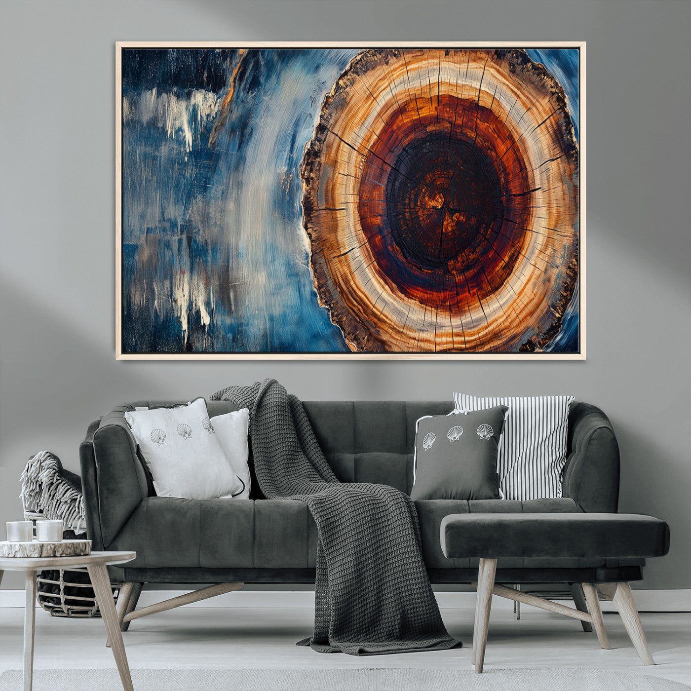 48045-MGV-CV-36X24-Tree Ring Abstract Wall Art – Rustic Wood Grain Canvas Print with Brown Center and Blue Brush Strokes, Nature Inspired Artwork for