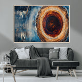 48045-MGV-CV-36X24-Tree Ring Abstract Wall Art – Rustic Wood Grain Canvas Print with Brown Center and Blue Brush Strokes, Nature Inspired Artwork for