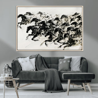 23069-MGV-CV-36X24-Galloping Horses Wall Art – Black Ink Painting on Canvas, Dynamic Equestrian Artwork with Running Stallions, Expressive Modern