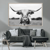 20272-MGV-CV-36X24-Texas Longhorn Wall Art – Black and White Cowboy Western Canvas Print, Rustic Farmhouse Cattle Photography Decor for Ranch, Barn