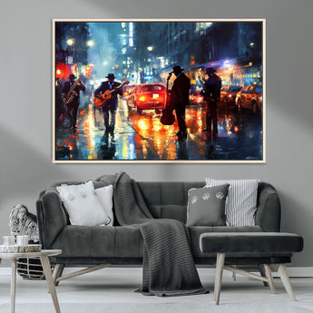 94605-MGV-CV-36X24-City Jazz Night Wall Art – Vibrant Music Canvas Print Featuring Saxophone, Guitar and Bass Players, Urban Street Scene Artwork for