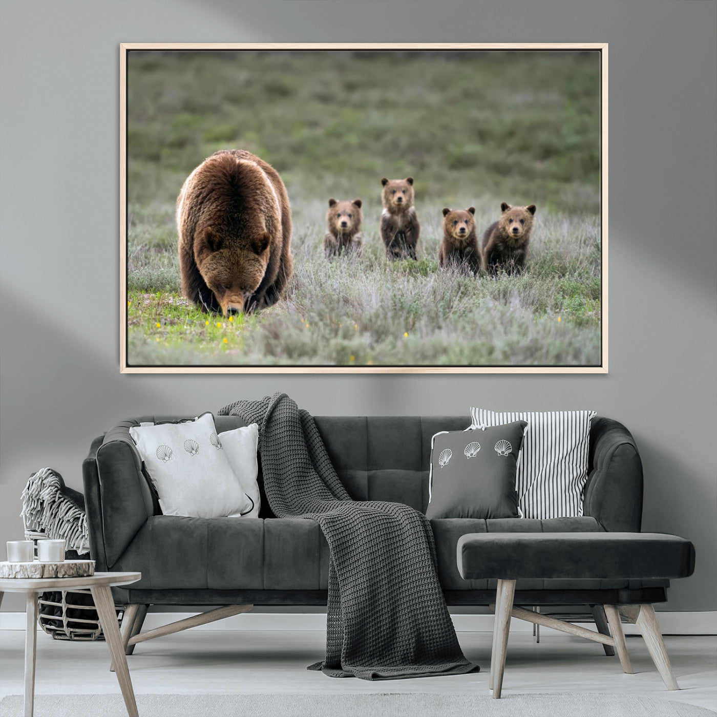 65087B-MGV-CV-36X24-Bear Family Wall Art – Wildlife Canvas Print Featuring Mother Bear with Cubs in Nature, Rustic Animal Artwork for Living Room,