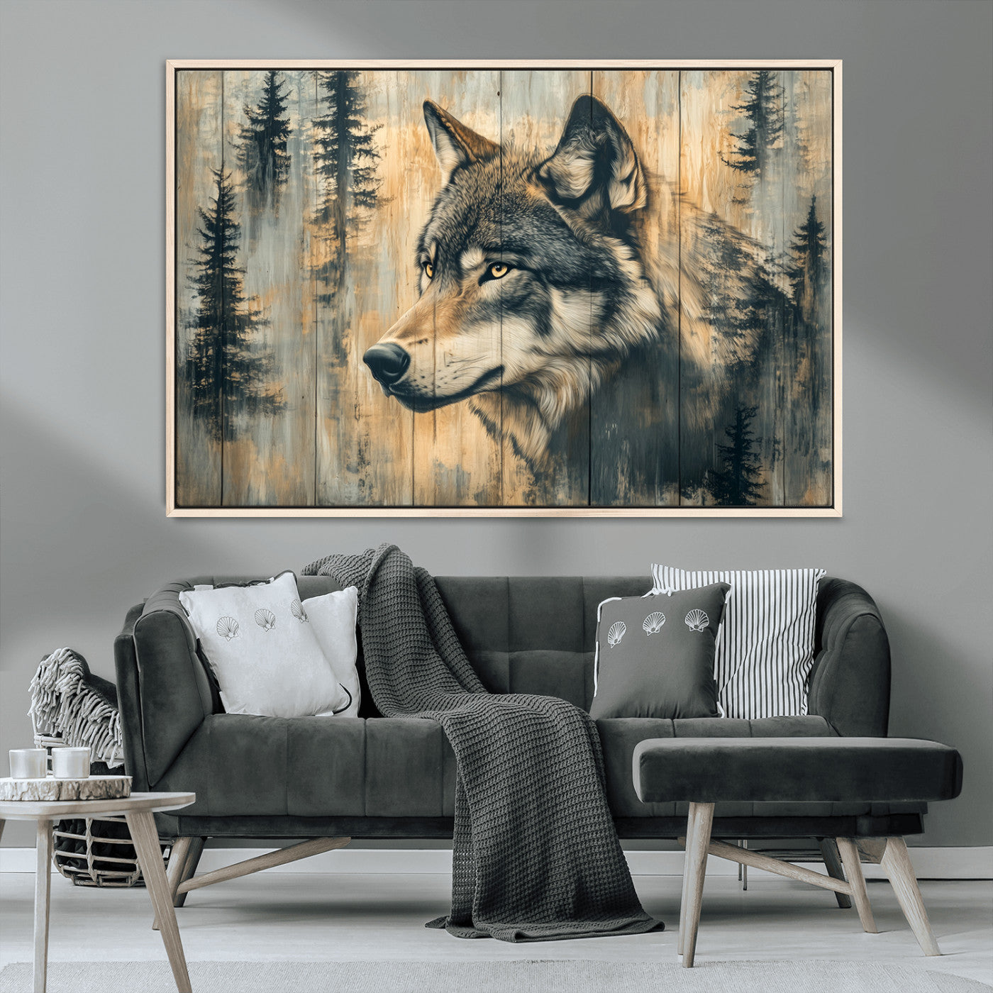 51892-MGV-CV-36X24-Wolf Wall Art – Rustic Canvas Print of Wolf with Forest Trees on Wood Texture, Wildlife Lodge Artwork for Living Room, Bedroom,
