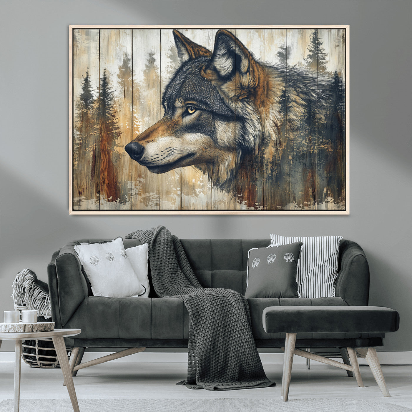 91882-MGV-CV-36X24-Wolf Wall Art – Rustic Canvas Print of Forest Wolf on Wood Background, Wildlife Lodge Artwork for Living Room, Bedroom, Cabin, or