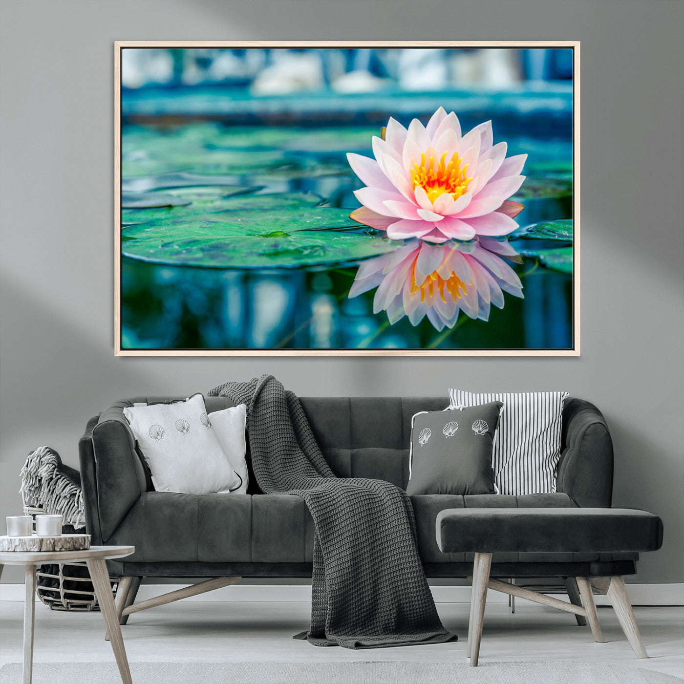 30320-MGV-CV-36X24-Pink Water Lily Wall Art – Lotus Flower Canvas Print with Reflection Water, Peaceful Botanical Artwork for Living Room, Bedroom,