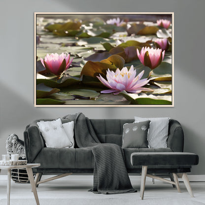 28394-MGV-CV-36X24-Water Lily Pond Wall Art – Pink Lotus Flowers Canvas Print with Green Lily Pads, Peaceful Botanical Artwork for Living Room,