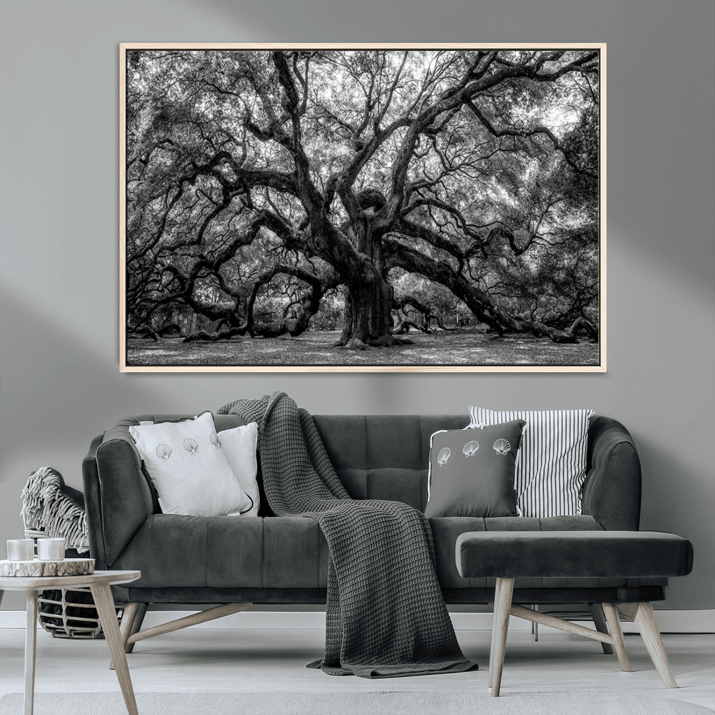 132944706-MGV-CV-36X24-Ancient Tree Wall Art – Black and White Photography Canvas Print Featuring Majestic Twisting Branches, Rustic Nature Artwork for