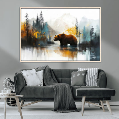 50308-MGV-CV-36X24-Abstract Rustic Bear Wall Art – Forest and Mountain Scene Canvas Print, Nature Artwork for Modern Farmhouse or Log Cabin Decor