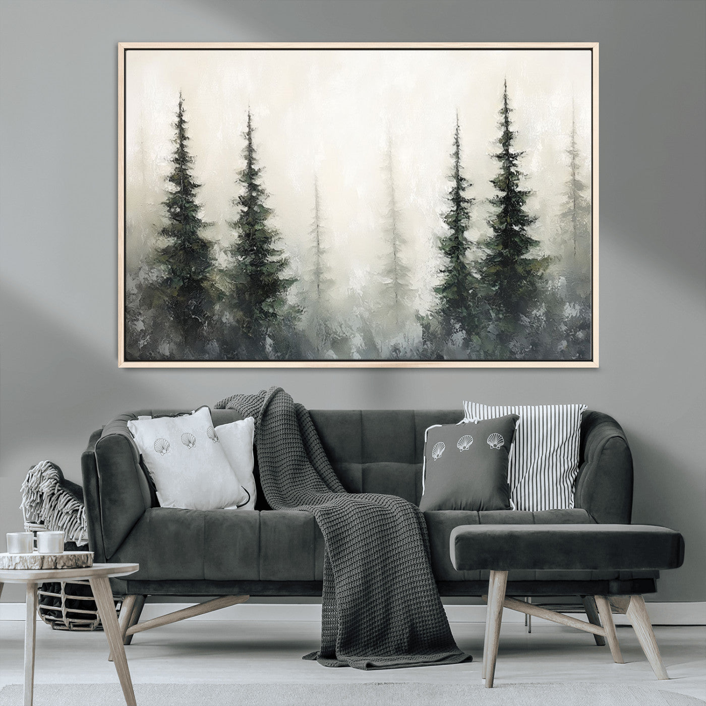 33241-MGV-CV-36X24-Misty Forest Wall Art Canvas Print, Framed Foggy Pines Art Picture Print, Forest Haze Perfect Rustic Minimalist Decor Artwork