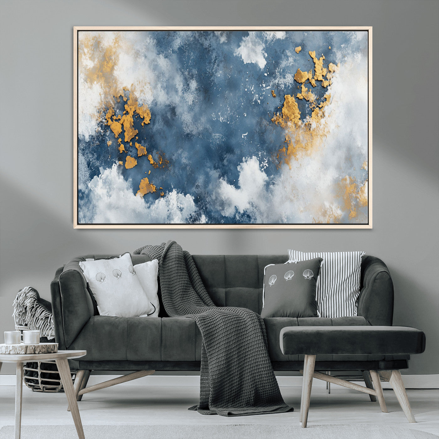 39575-MGV-CV-36X24-Blue and Gold Abstract Wall Art – Modern Canvas Print Featuring Cloudy Textures with Metallic Accents, Contemporary Artwork for