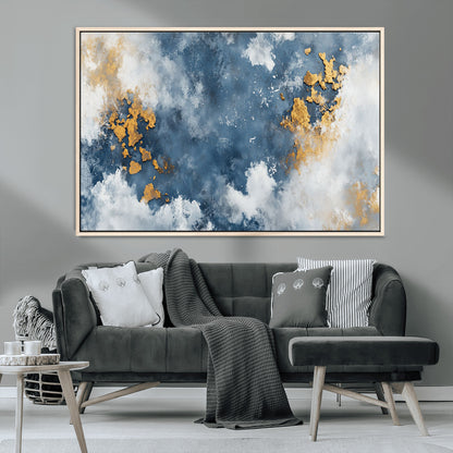 39575-MGV-CV-36X24-Blue and Gold Abstract Wall Art – Modern Canvas Print Featuring Cloudy Textures with Metallic Accents, Contemporary Artwork for