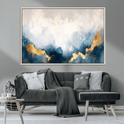 14578-MGV-CV-36X24-Abstract Wall Art – Modern Canvas Print Featuring Blue and White Clouds with Golden Accents, Contemporary Elegant Artwork for