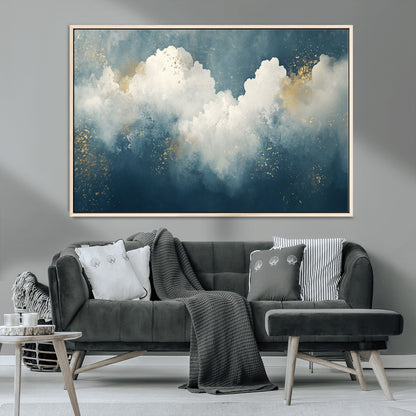 75131-MGV-CV-36X24-Abstract Cloud Wall Art – Modern Canvas Print Featuring Blue and White Clouds with Golden Accents, Contemporary Artwork for Living