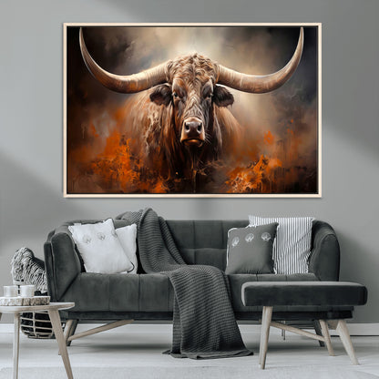 240479-MGV-CV-36X24-Longhorn Bull Wall Art – Dramatic Western Canvas Print Featuring Horned Bull with Fiery Background, Rustic Farmhouse Artwork for