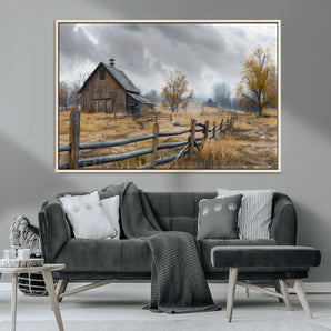 Farm1-MGV-CV-36X24-Rustic Autumn Farmhouse Wall Art – Serene Countryside Scene Canvas Print, Weathered Barn and Autumn Trees Decor for Living Room,