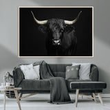 97914921-MGV-CV-36X24-Black Bull Wall Art Canvas Print, Framed Longhorn Bull Art Picture Print, Western Bull Perfect Monochrome Western Decor Artwork