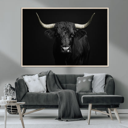 97914921-MGV-CV-36X24-Black Bull Wall Art Canvas Print, Framed Longhorn Bull Art Picture Print, Western Bull Perfect Monochrome Western Decor Artwork