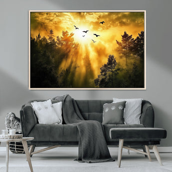 13776802-MGV-CV-36X24-Golden Forest Wall Art Canvas Print, Framed Sunset Pines Art Picture Print, Flying Birds Perfect Nature Glow Decor Artwork