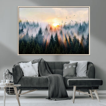 56391411-MGV-CV-36X24-Misty Forest Wall Art Canvas Print, Framed Sunrise Pines Art Picture Print, Moody Pines Perfect Serene Woodland Decor Artwork