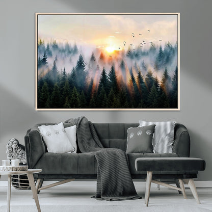 56391411-MGV-CV-36X24-Misty Forest Wall Art Canvas Print, Framed Sunrise Pines Art Picture Print, Moody Pines Perfect Serene Woodland Decor Artwork