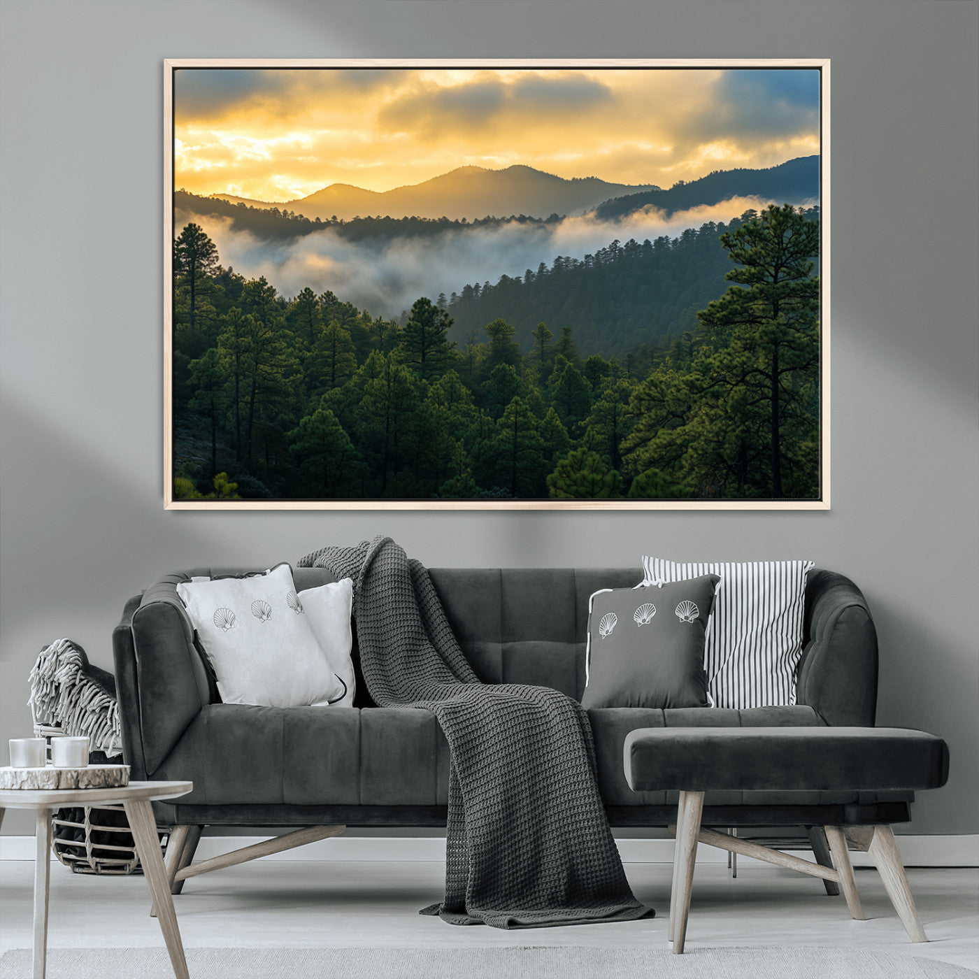 68082278-MGV-CV-36X24-Mountain Sunrise Wall Art Canvas Print, Framed Pine Forest Art Picture Print, Misty Mountains Perfect Earthy Woodland Decor