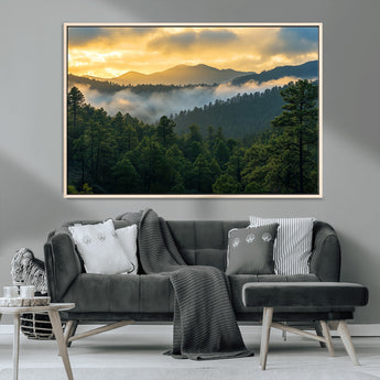 68082278-MGV-CV-36X24-Mountain Sunrise Wall Art Canvas Print, Framed Pine Forest Art Picture Print, Misty Mountains Perfect Earthy Woodland Decor