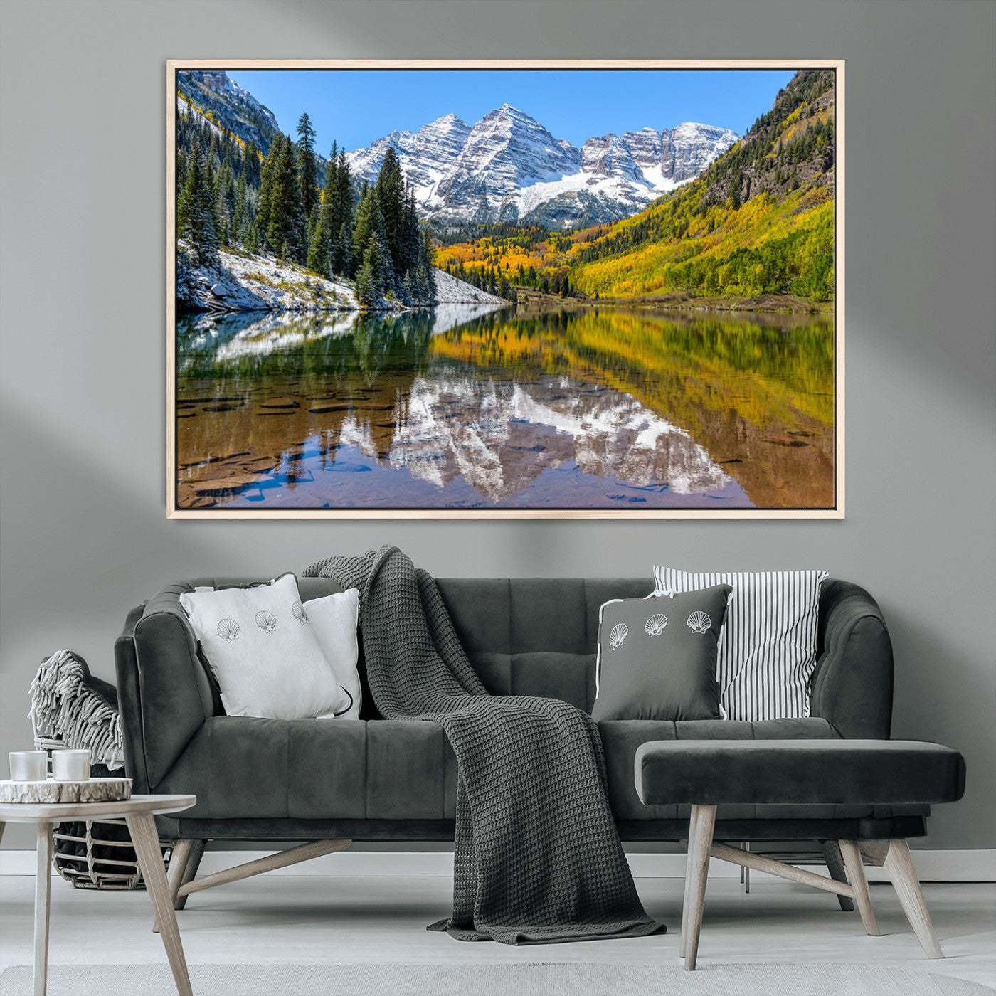 87724099-MGV-CV-36X24-Maroon Bells Wall Art Canvas Print, Framed Snowy Mountains Art Picture Print, Pine Forest Perfect Vibrant Alpine Decor Artwork