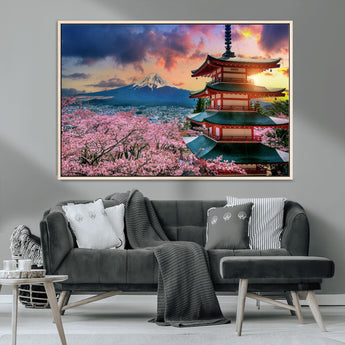 32331262-MGV-CV-36X24-Mount Fuji Japan Wall Art – Cherry Blossom Landscape Canvas Print, Chureito Pagoda Sunset Photography, Japanese Nature Travel