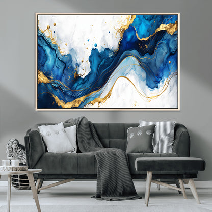 33506371-MGV-CV-36X24-Blue Marble Wall Art Canvas Print, Framed Gold Splash Art Picture Print, Abstract Wave Perfect Modern Luxe Decor Artwork