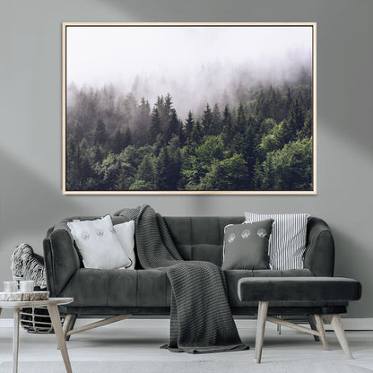 62890402-MGV-CV-36X24-Misty Forest Wall Art Canvas Print, Framed Foggy Pines Art Picture Print, Pine Valley Perfect Moody Woodland Decor Artwork