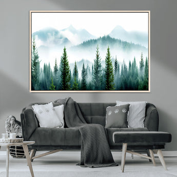 16716676-MGV-CV-36X24-Pine Forest Wall Art Canvas Print, Framed Misty Mountains Art Picture Print, Foggy Trees Perfect Moody Forest Decor Artwork