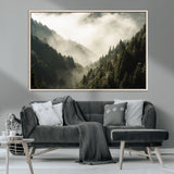 57570237-MGV-CV-36X24-Misty Valley Wall Art Canvas Print, Framed Foggy Forest Art Picture Print, Pine Trees Perfect Moody Woodland Decor Artwork