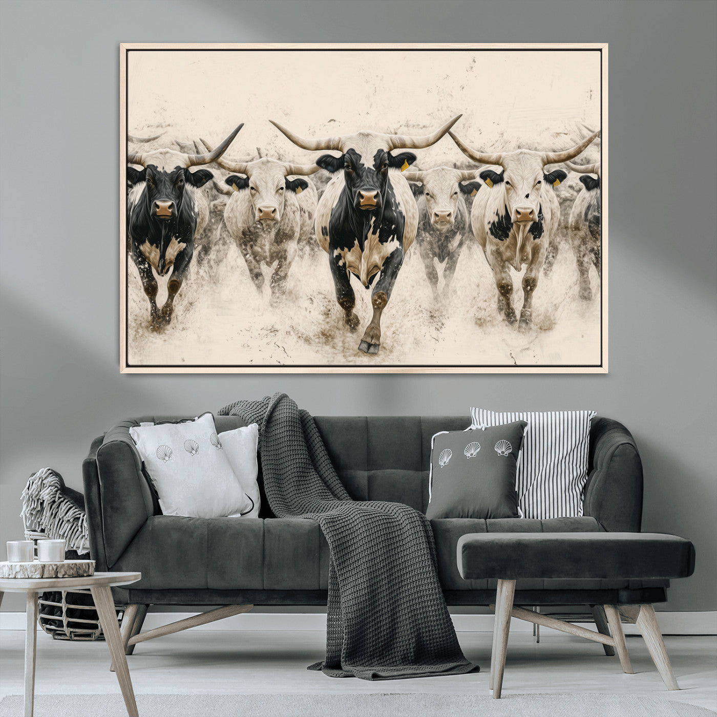 61538944-MGV-CV-36X24-Texas Longhorn Wall Art Canvas Print, Framed Cattles Walking Art Picture Print, Black White Bulls Perfect Rustic Western Decor