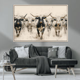 61538944-MGV-CV-36X24-Texas Longhorn Wall Art Canvas Print, Framed Cattles Walking Art Picture Print, Black White Bulls Perfect Rustic Western Decor