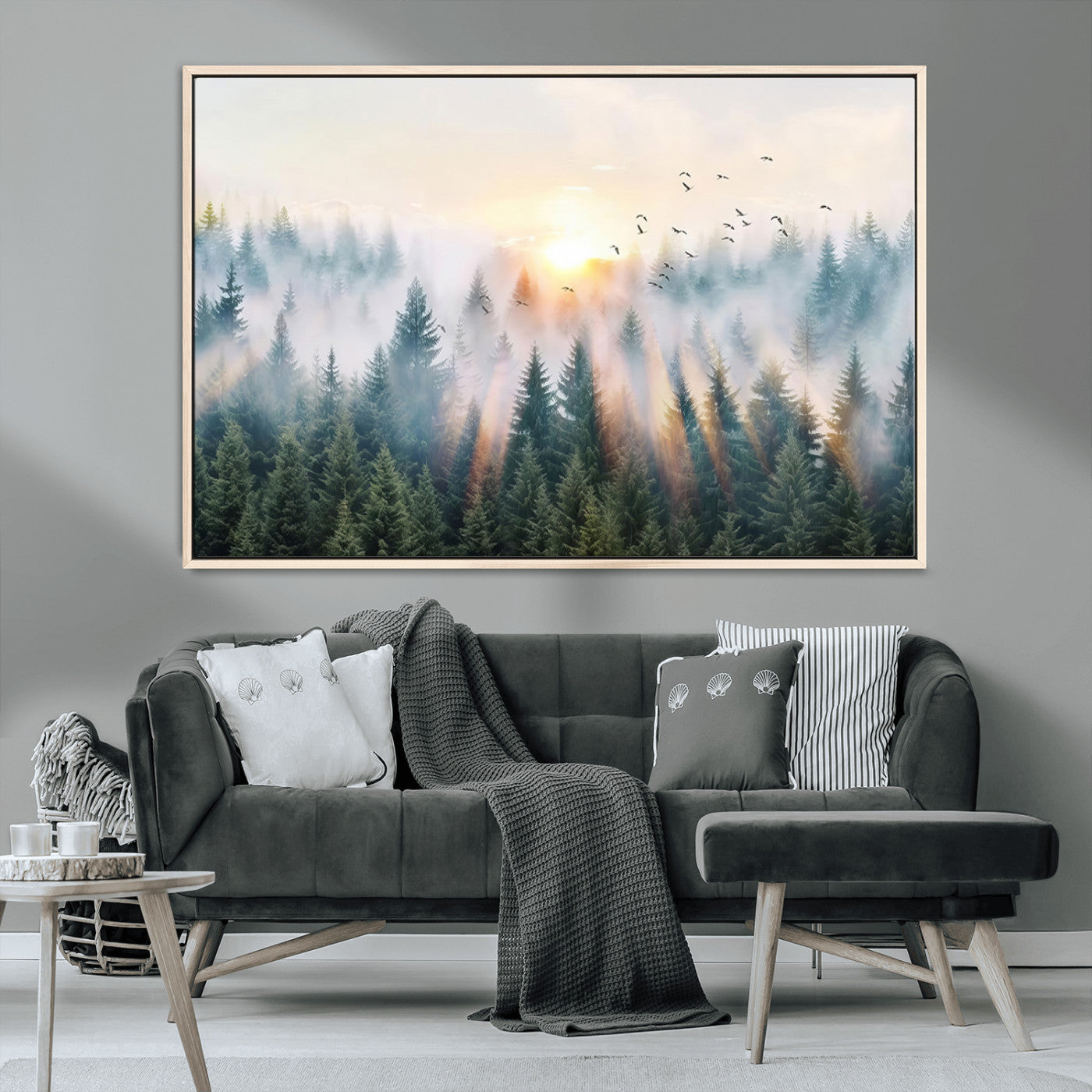 92718976-MGV-FC-36X24_Natural-Misty Forest Wall Art Canvas Print, Framed Sunrise Pines Art Picture Print, Foggy Woodland Perfect Moody Woodland Decor Artwork