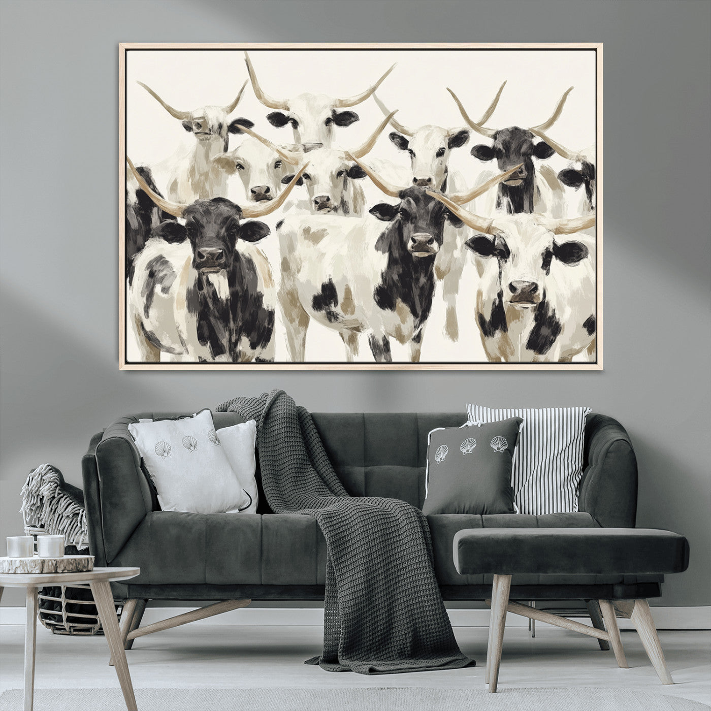 52947970-MGV-CV-36X24-Texas Longhorn Wall Art Canvas Print, Framed Cattle Herd Art Picture Print, Herd Portrait Perfect Modern Farmhouse Decor Artwork